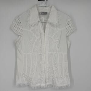 American South Side Embroidered Applique Fringe Button Up Blouse SZ M White Boho